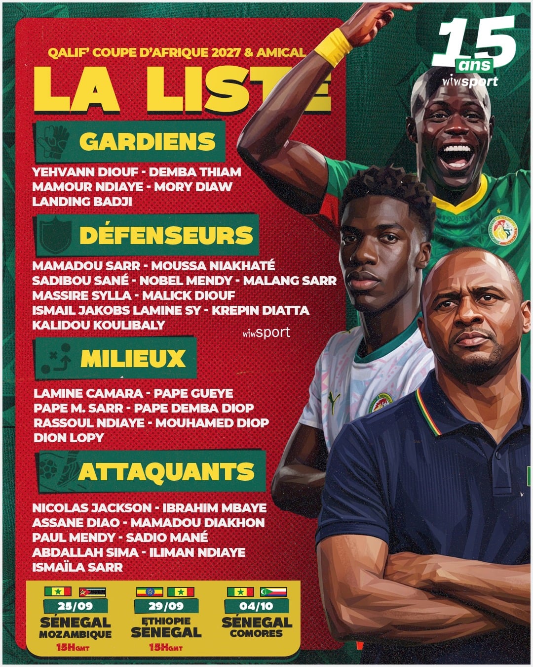 Equipe Nationale : Patrick Vieira dévoile une liste de 29 joueurs sans Sadio Mané mais avec Malang Sarr - wiwsport Equipe Nationale : Patrick Vieira dévoile une liste de 29 joueurs sans Sadio Mané mais avec Malang Sarr - wiwsport