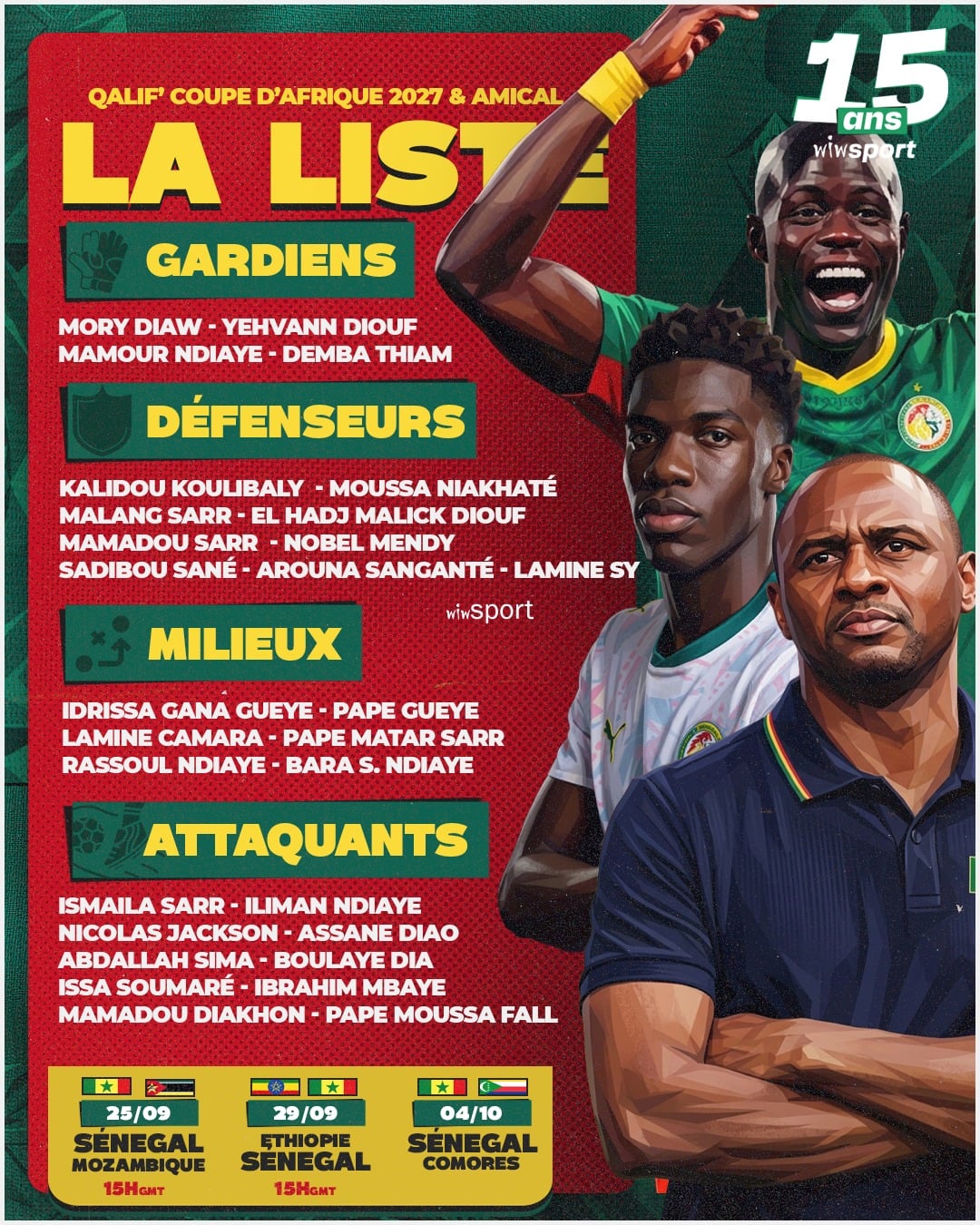 Equipe Nationale : Patrick Vieira dévoile une liste de 29 joueurs sans Sadio Mané mais avec Malang Sarr - wiwsport Equipe Nationale : Patrick Vieira dévoile une liste de 29 joueurs sans Sadio Mané mais avec Malang Sarr - wiwsport