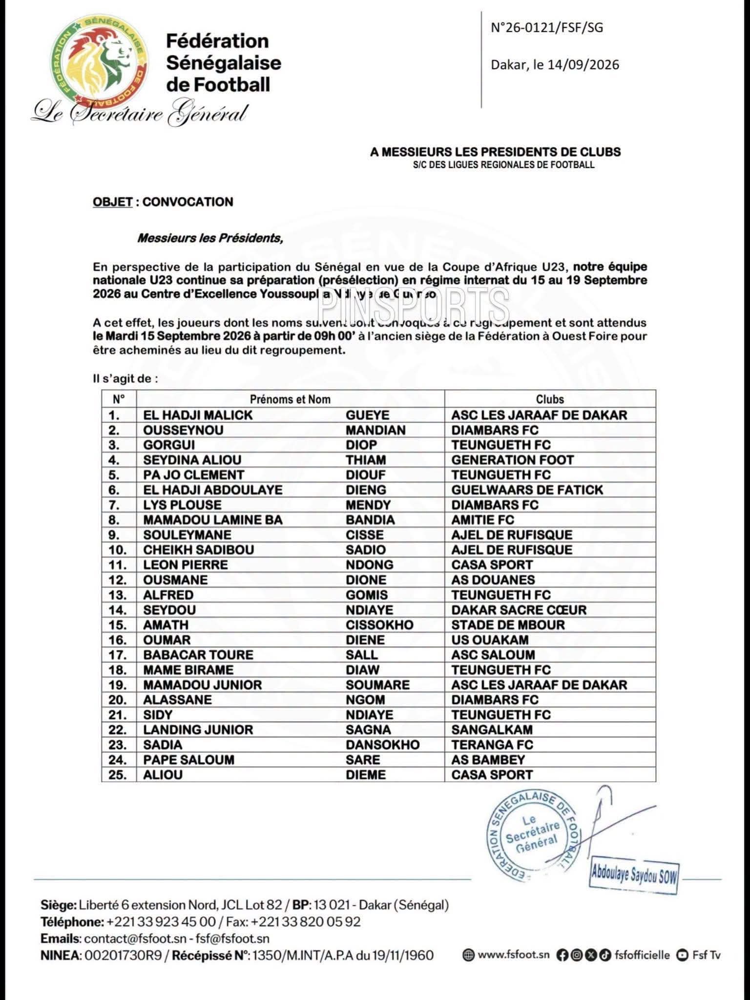 CAN U23 : Serigne Saliou Dia poursuit sa revue d’effectif, 25 joueurs convoqués - wiwsport CAN U23 : Serigne Saliou Dia poursuit sa revue d’effectif, 25 joueurs convoqués - wiwsport