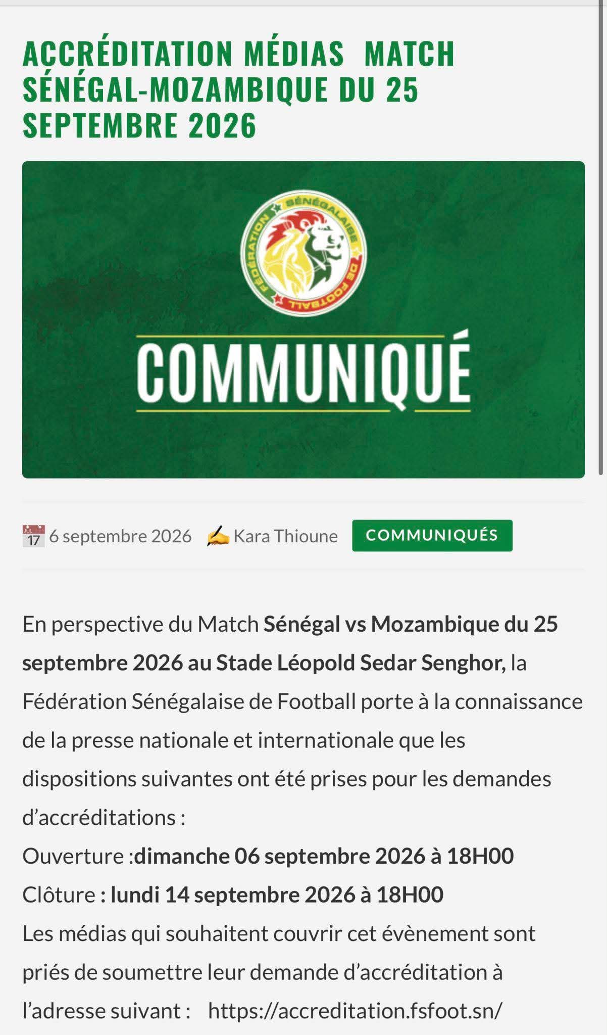 Éliminatoires CAN 2027 - Sénégal vs Mozambique délocalisé à Maputo, les Lions privés de leur public en septembre ! - wiwsport