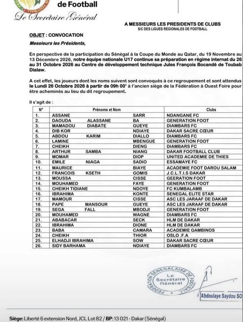 Mondial U17 : Lamine Sané poursuit sa préparation avec 26 joueurs, Sidy Barhama Ndiaye de retour - wiwsport Mondial U17 : Lamine Sané poursuit sa préparation avec 26 joueurs, Sidy Barhama Ndiaye de retour - wiwsport
