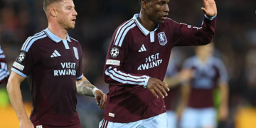 BIRMINGHAM, ENGLAND - OCTOBER 14: Ross Barkley and Nicolas Jackson of Aston Villa celebrate 3rd goal during the UEFA Champions League 2026/27 League Phase MD2 match between Aston Villa FC and Fenerbahce SK at Villa Park on October 14, 2026 in Birmingham, England. (Photo by Ed Sykes/Sportsphoto/Allstar via Getty Images)