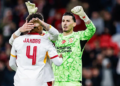LILLE, FRANCE - OCTOBER 21: (L-R) Ismail Jakobs of Galatasaray, Ugurcan Cakir of Galatasaray during the UEFA Champions League  match between Lille v Galatasaray at the Stade Pierre Mauroy on October 21, 2026 in Lille France (Photo by Pim Waslander/Soccrates/Getty Images)