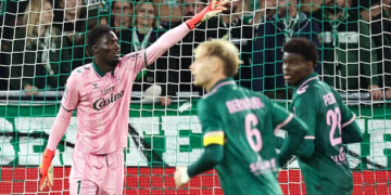 Mamour NDIAYE de Saint Etienne during Ligue 2 BKT match between of Saint Etienne and Rodez at Stade Geoffroy-Guichard on October 10, 2026 in Saint-Etienne, France. (Photo by Stephane Pillaud/Icon Sport via Getty Images)